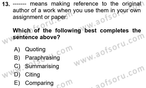 Communication Skills And Academic Reporting 1 Dersi 2024 - 2025 Yılı Yaz Okulu Sınav Soruları 13. Soru