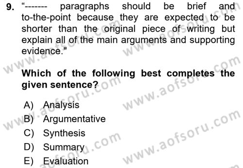 Communication Skills And Academic Reporting 1 Dersi 2024 - 2025 Yılı Yaz Okulu Sınav Soruları 9. Soru