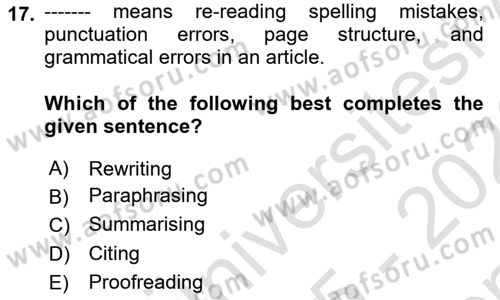 Communication Skills And Academic Reporting 1 Dersi 2025 - 2026 Yılı (Final) Dönem Sonu Sınav Soruları 17. Soru