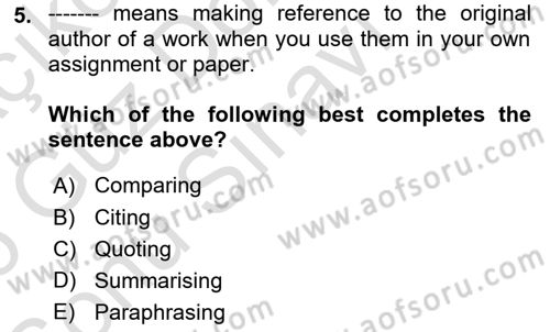 Communication Skills And Academic Reporting 1 Dersi 2025 - 2026 Yılı (Final) Dönem Sonu Sınav Soruları 5. Soru