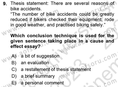 Communication Skills And Academic Reporting 2 Dersi 2023 - 2024 Yılı (Final) Dönem Sonu Sınav Soruları 9. Soru