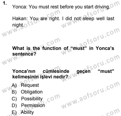 Turizm İçin İngilizce 1 Dersi Ara Sınavı Deneme Sınav Soruları 1. Soru