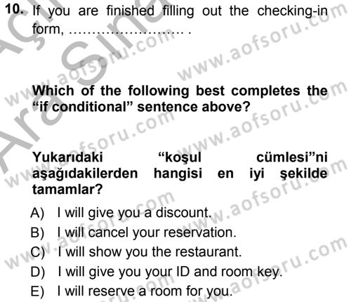 Turizm İçin İngilizce 1 Dersi Ara Sınavı Deneme Sınav Soruları 10. Soru