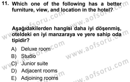 Turizm İçin İngilizce 1 Dersi Ara Sınavı Deneme Sınav Soruları 11. Soru