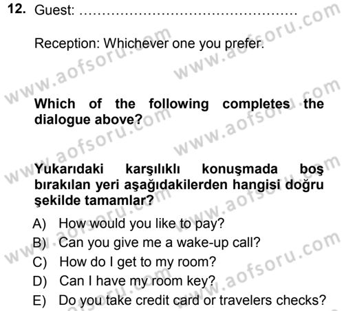 Turizm İçin İngilizce 1 Dersi Ara Sınavı Deneme Sınav Soruları 12. Soru