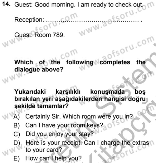 Turizm İçin İngilizce 1 Dersi Ara Sınavı Deneme Sınav Soruları 14. Soru