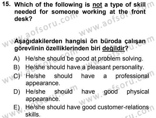 Turizm İçin İngilizce 1 Dersi Ara Sınavı Deneme Sınav Soruları 15. Soru