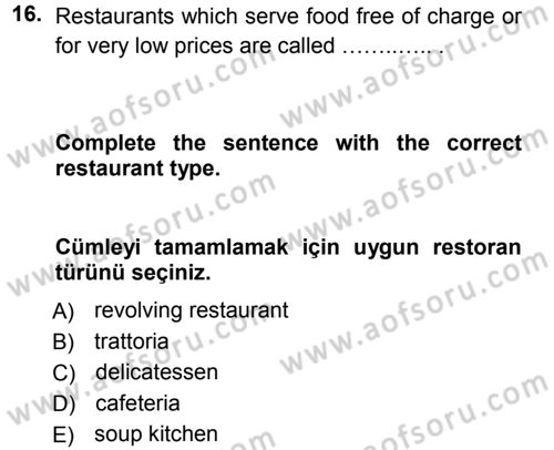 Turizm İçin İngilizce 1 Dersi Ara Sınavı Deneme Sınav Soruları 16. Soru