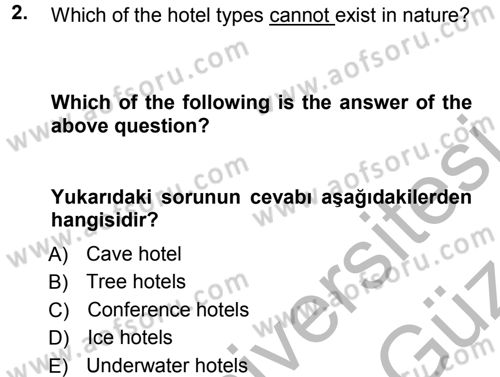 Turizm İçin İngilizce 1 Dersi Ara Sınavı Deneme Sınav Soruları 2. Soru