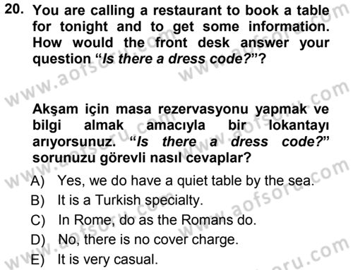 Turizm İçin İngilizce 1 Dersi Ara Sınavı Deneme Sınav Soruları 20. Soru