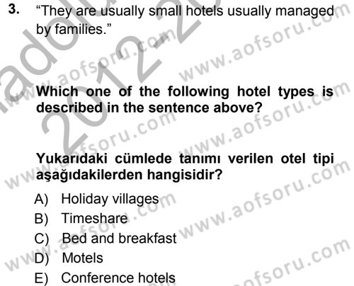 Turizm İçin İngilizce 1 Dersi Ara Sınavı Deneme Sınav Soruları 3. Soru