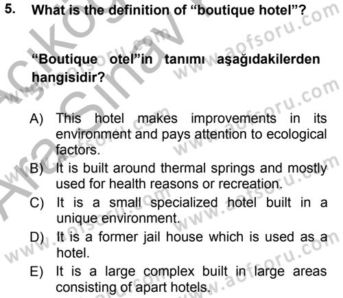 Turizm İçin İngilizce 1 Dersi Ara Sınavı Deneme Sınav Soruları 5. Soru