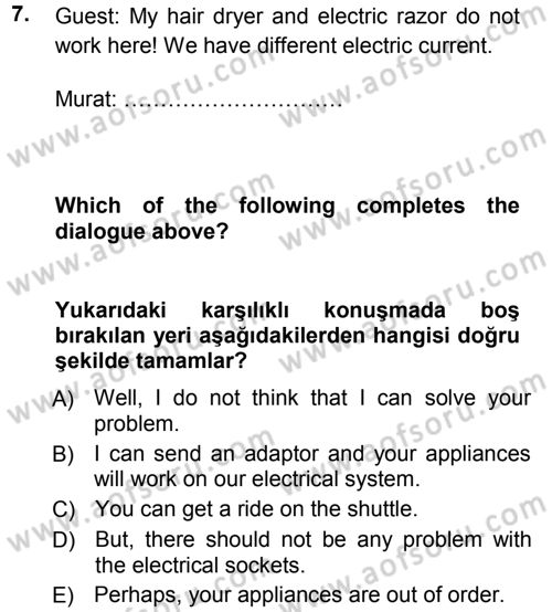 Turizm İçin İngilizce 1 Dersi Ara Sınavı Deneme Sınav Soruları 7. Soru