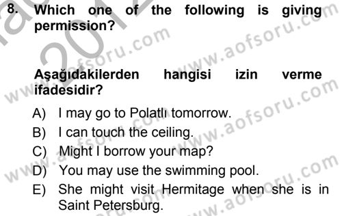 Turizm İçin İngilizce 1 Dersi Ara Sınavı Deneme Sınav Soruları 8. Soru