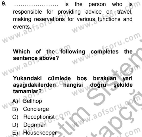 Turizm İçin İngilizce 1 Dersi Ara Sınavı Deneme Sınav Soruları 9. Soru