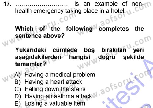 Turizm İçin İngilizce 1 Dersi 2012 - 2013 Yılı (Final) Dönem Sonu Sınav Soruları 17. Soru