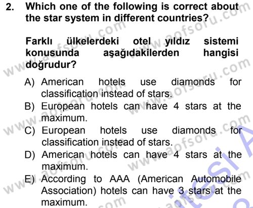 Turizm İçin İngilizce 1 Dersi 2012 - 2013 Yılı (Final) Dönem Sonu Sınav Soruları 2. Soru