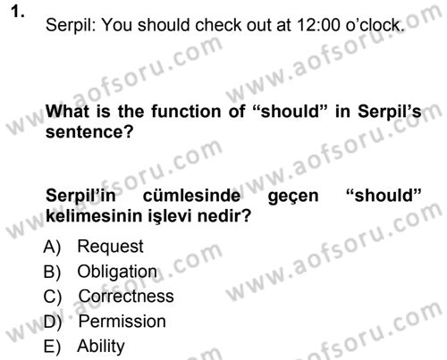 Turizm İçin İngilizce 1 Dersi Ara Sınavı Deneme Sınav Soruları 1. Soru