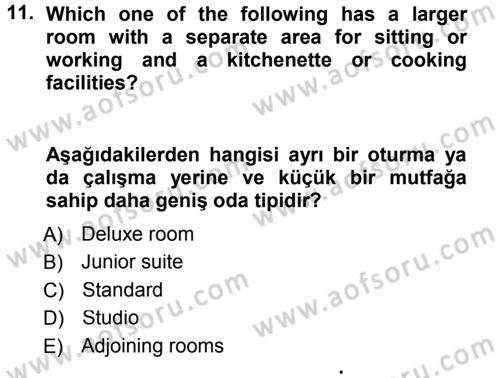 Turizm İçin İngilizce 1 Dersi 2013 - 2014 Yılı (Vize) Ara Sınav Soruları 11. Soru
