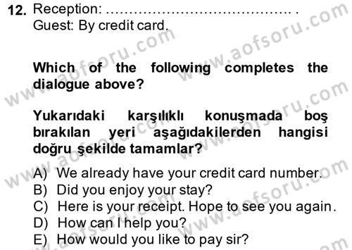 Turizm İçin İngilizce 1 Dersi Ara Sınavı Deneme Sınav Soruları 12. Soru