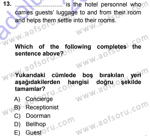 Turizm İçin İngilizce 1 Dersi Ara Sınavı Deneme Sınav Soruları 13. Soru