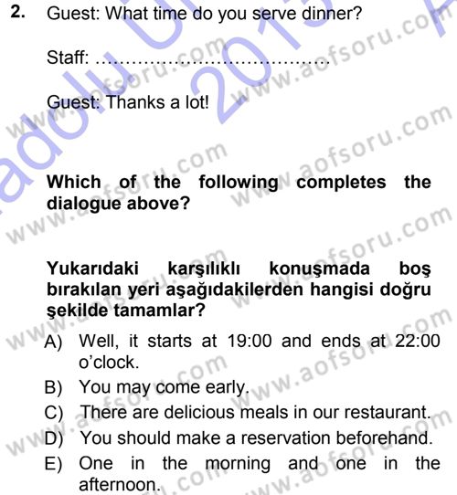 Turizm İçin İngilizce 1 Dersi Ara Sınavı Deneme Sınav Soruları 2. Soru