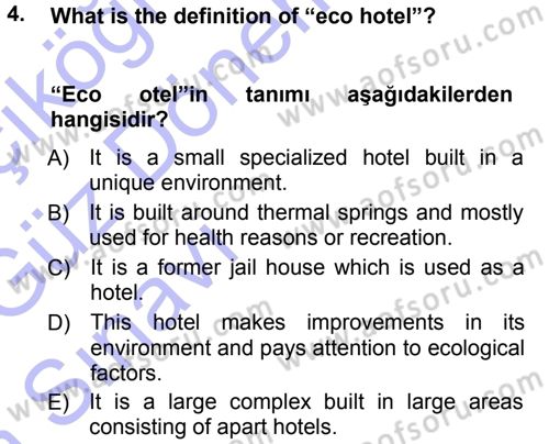 Turizm İçin İngilizce 1 Dersi Ara Sınavı Deneme Sınav Soruları 4. Soru