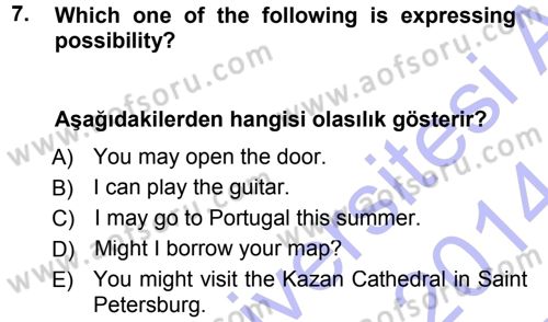 Turizm İçin İngilizce 1 Dersi Ara Sınavı Deneme Sınav Soruları 7. Soru