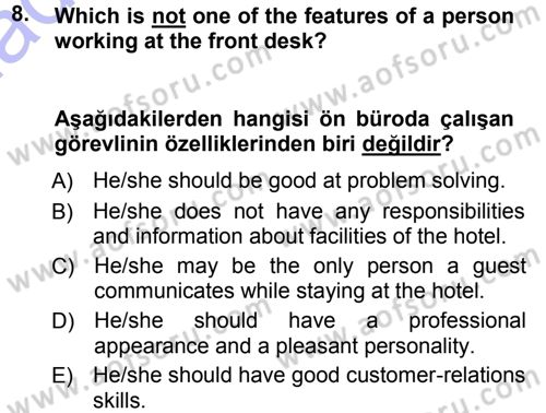 Turizm İçin İngilizce 1 Dersi Ara Sınavı Deneme Sınav Soruları 8. Soru