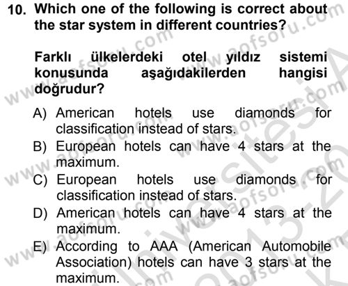 Turizm İçin İngilizce 1 Dersi 2013 - 2014 Yılı Tek Ders Sınav Soruları 10. Soru