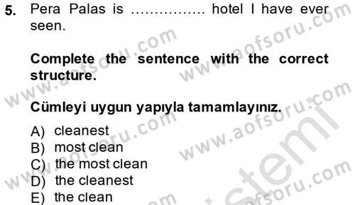 Turizm İçin İngilizce 1 Dersi 2013 - 2014 Yılı Tek Ders Sınav Soruları 5. Soru