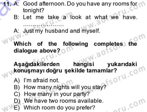 Turizm İçin İngilizce 1 Dersi Ara Sınavı Deneme Sınav Soruları 11. Soru