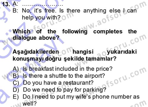 Turizm İçin İngilizce 1 Dersi Ara Sınavı Deneme Sınav Soruları 13. Soru