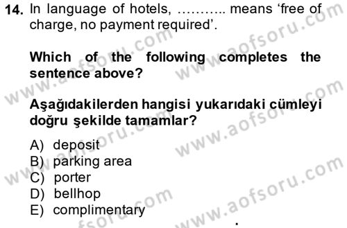 Turizm İçin İngilizce 1 Dersi Ara Sınavı Deneme Sınav Soruları 14. Soru