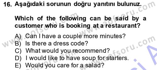 Turizm İçin İngilizce 1 Dersi Ara Sınavı Deneme Sınav Soruları 16. Soru