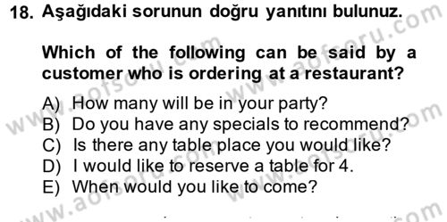Turizm İçin İngilizce 1 Dersi Ara Sınavı Deneme Sınav Soruları 18. Soru