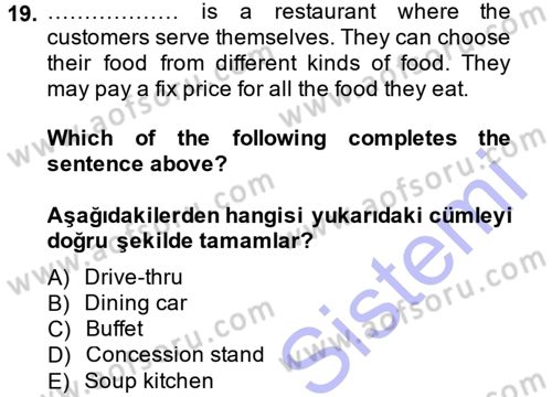 Turizm İçin İngilizce 1 Dersi Ara Sınavı Deneme Sınav Soruları 19. Soru