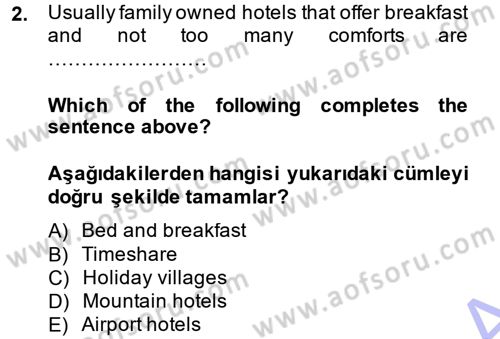 Turizm İçin İngilizce 1 Dersi Ara Sınavı Deneme Sınav Soruları 2. Soru