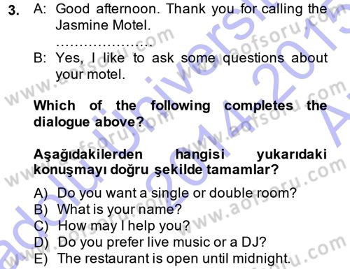 Turizm İçin İngilizce 1 Dersi Ara Sınavı Deneme Sınav Soruları 3. Soru