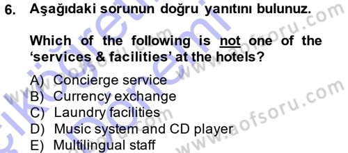Turizm İçin İngilizce 1 Dersi Ara Sınavı Deneme Sınav Soruları 6. Soru