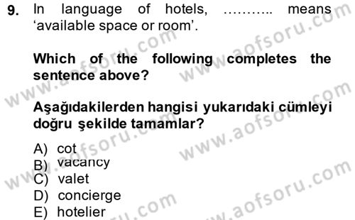 Turizm İçin İngilizce 1 Dersi Ara Sınavı Deneme Sınav Soruları 9. Soru