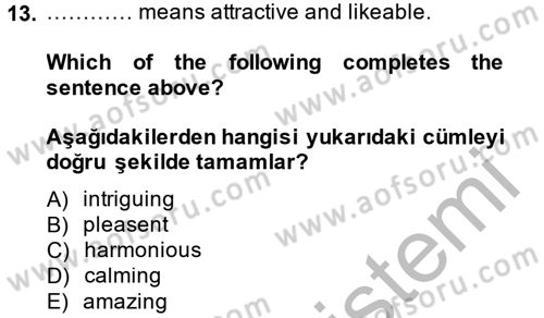 Turizm İçin İngilizce 1 Dersi 2014 - 2015 Yılı (Final) Dönem Sonu Sınav Soruları 13. Soru