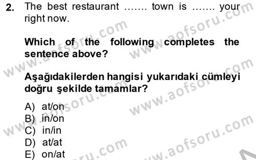 Turizm İçin İngilizce 1 Dersi 2014 - 2015 Yılı (Final) Dönem Sonu Sınav Soruları 2. Soru