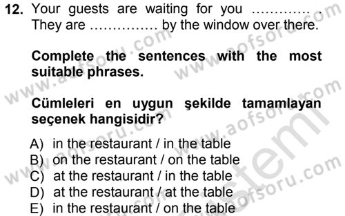 Turizm İçin İngilizce 1 Dersi 2014 - 2015 Yılı Tek Ders Sınav Soruları 12. Soru
