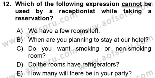 Turizm İçin İngilizce 1 Dersi Ara Sınavı Deneme Sınav Soruları 12. Soru