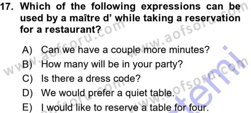 Turizm İçin İngilizce 1 Dersi 2015 - 2016 Yılı (Vize) Ara Sınav Soruları 17. Soru