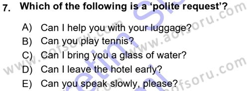 Turizm İçin İngilizce 1 Dersi Ara Sınavı Deneme Sınav Soruları 7. Soru