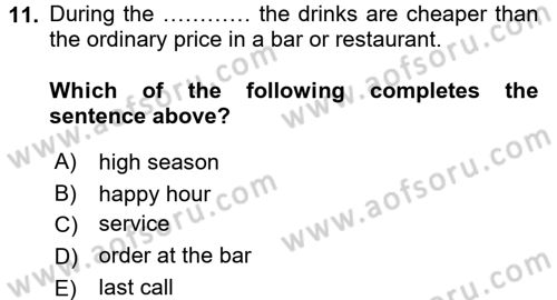 Turizm İçin İngilizce 1 Dersi 2015 - 2016 Yılı Tek Ders Sınav Soruları 11. Soru