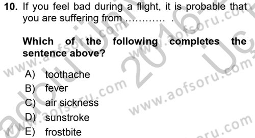 Turizm İçin İngilizce 1 Dersi 2016 - 2017 Yılı 3 Ders Sınav Soruları 10. Soru