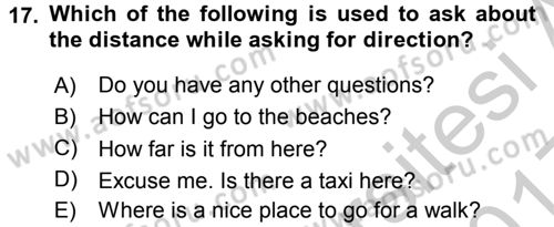Turizm İçin İngilizce 1 Dersi 2016 - 2017 Yılı 3 Ders Sınav Soruları 17. Soru